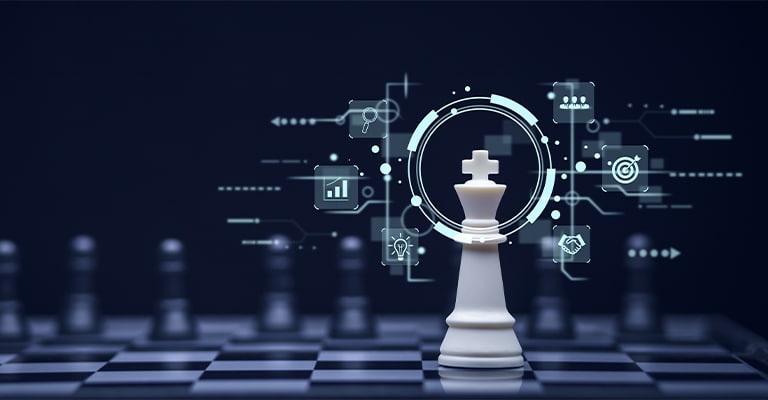 Effective Trade Show Features that Boost Booth Traffic 4 A white king chess piece stands prominently on a chessboard, surrounded by digital graphics representing strategy, data analysis, innovation, and business goals. The image symbolizes strategic thinking and decision-making in a tech-driven or corporate environment.