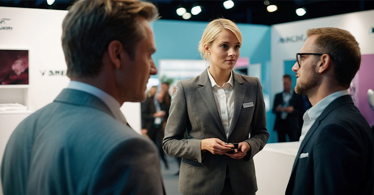 How to Develop an Awesome Trade Show Marketing Plan 3 Blonde Woman Discussing Products with Clients as Part of Trade Show Marketing Plan