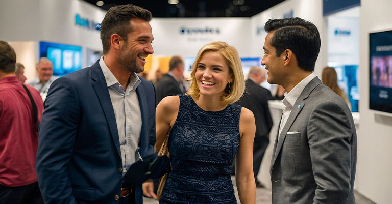 How to Develop an Awesome Trade Show Marketing Plan 6 Blonde Trade Show Exhibitor Talking with Attendees