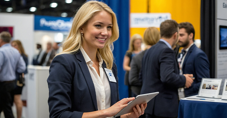 How to Develop an Awesome Trade Show Marketing Plan 7 Blonde Trade Show Exhibitor Collecting Leads on an iPad as Part of a Trade Show Marketing Plan
