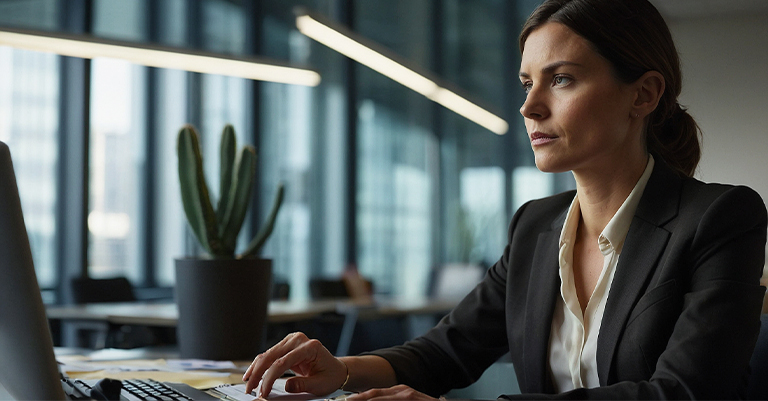 How to Develop an Awesome Trade Show Marketing Plan 8 A brunette woman typing a follow-up email to a prospective client she connected with at a trade show