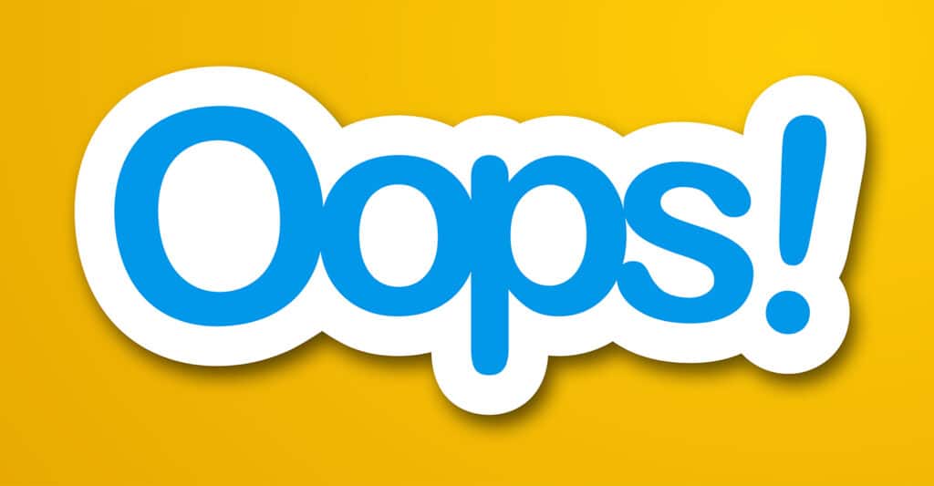 Trade Show Costs: A Complete Breakdown for Exhibitors 12 The word Oops in bold blue letters appears on a white cutout shape against a bright yellow background. The playful design and exclamation mark convey a sense of mistake surprise or lighthearted error.