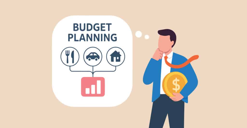 Trade Show Costs: A Complete Breakdown for Exhibitors 6 Illustration with the text Budget Planning above icons of food, a car, and a house connected to a bar chart graphic. A businessman holding a large coin with a dollar sign stands beside the chart, representing budgeting decisions and managing expenses across everyday spending categories.