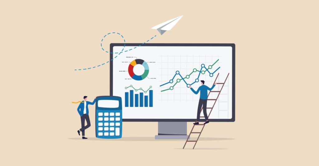 Trade Show Costs: A Complete Breakdown for Exhibitors 9 Illustration of two business professionals analyzing financial data on a large computer screen displaying bar charts, a pie chart, and upward trending line graphs. One person stands on a ladder pointing at growth metrics while another stands beside a large calculator, representing financial analysis, forecasting, and business planning.