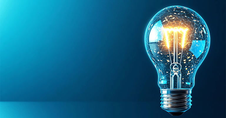 Modern Trade Show Hospitality: How to Make Vibrant Memories 4 A glowing light bulb with intricate reflections against a dark blue background, symbolizing modern trade show hospitality and innovation.