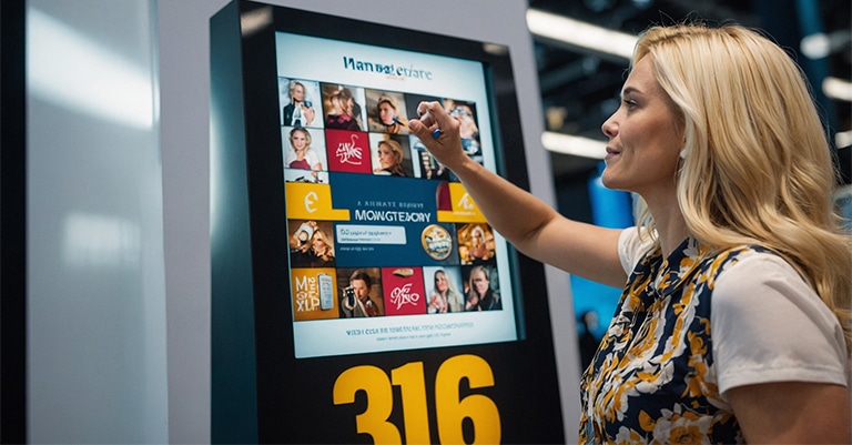 Epic Trade Show Staff: How to Boost Your Booth to the Max 5 A trade show attendee using an interactive digital screen to explore products and information at a trade show booth.