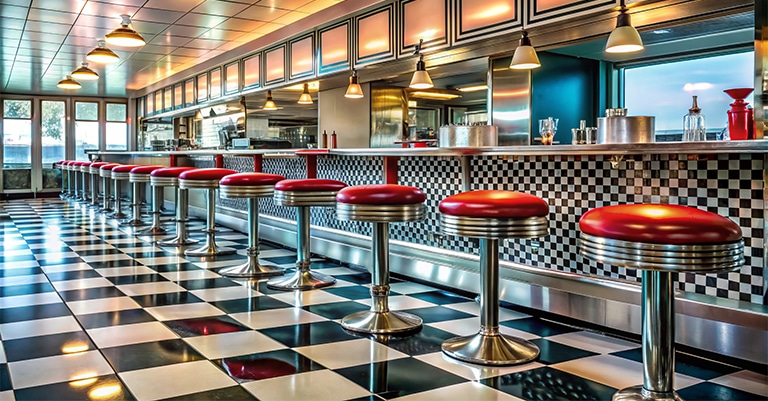 Surefire Trade Show Themes that Will Draw a Big Crowd 3 Classic retro diner interior with red bar stools, checkered floor, and a long counter under vintage-style lighting.