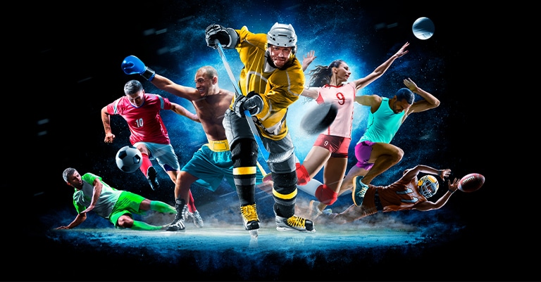 Surefire Trade Show Themes that Will Draw a Big Crowd 5 Dynamic collage of athletes from various sports, including hockey, soccer, basketball, volleyball, and tennis, in action poses.