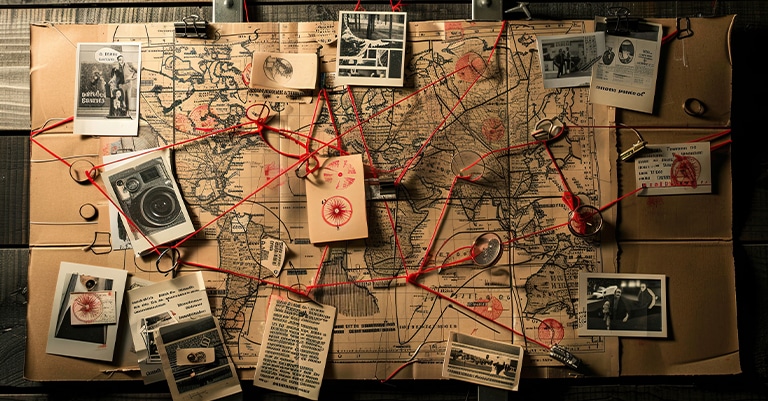 Surefire Trade Show Themes that Will Draw a Big Crowd 6 Vintage investigation board with a map, photos, documents, and red strings connecting various clues.