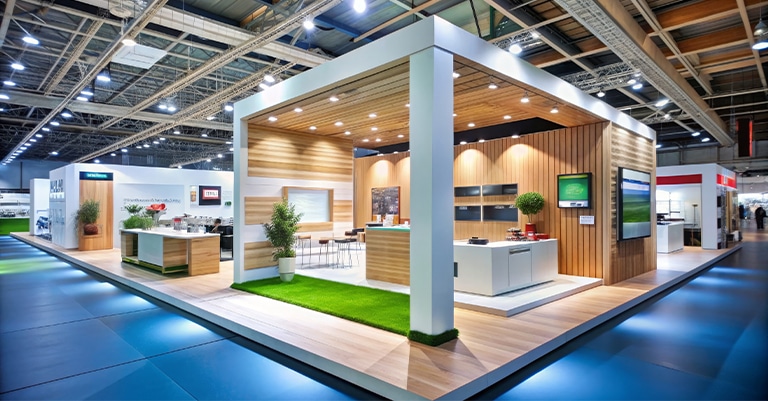 Trade Show Booth Tips: The Ultimate List for Success 3 A spacious trade show booth with a modern wooden design, green accents, and well-lit displays in an exhibition hall.