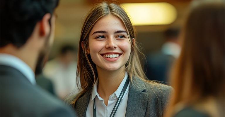 Trade Show Booth Tips: The Ultimate List for Success 6 A young professional woman in a blazer smiling warmly during a networking event, engaging with others in a lively environment.