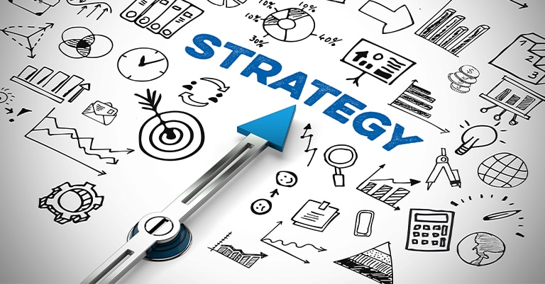 Trade Show Booth Activation: How to Make it All Work 3 A blue arrow pointing towards the word 'STRATEGY' surrounded by hand-drawn business and marketing icons