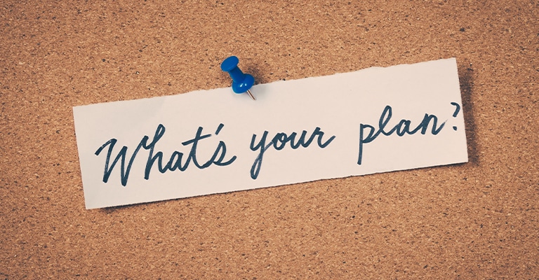 Pharmaceutical Trade Show Hospitality: The Complete Guide 8 A white note pinned to a corkboard reads "What’s your plan?". This simple planning graphic fits pharmaceutical trade show hospitality content by suggesting strategy, event preparation, and decision making before execution.